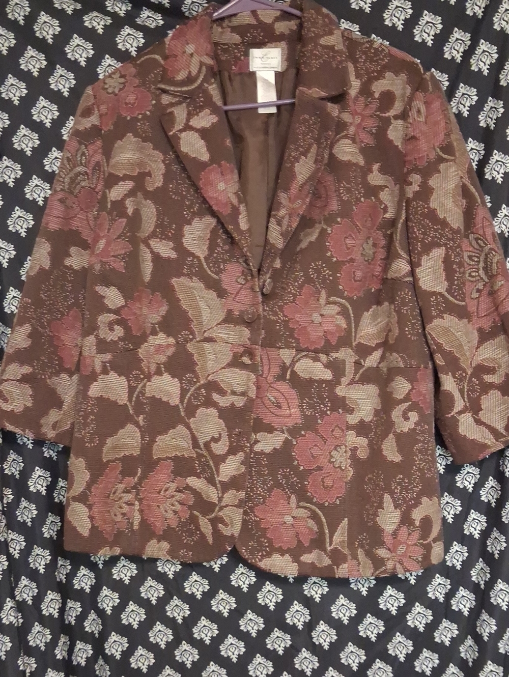 Emma James Brown Floral Jacquard Blazer with Rose Accents